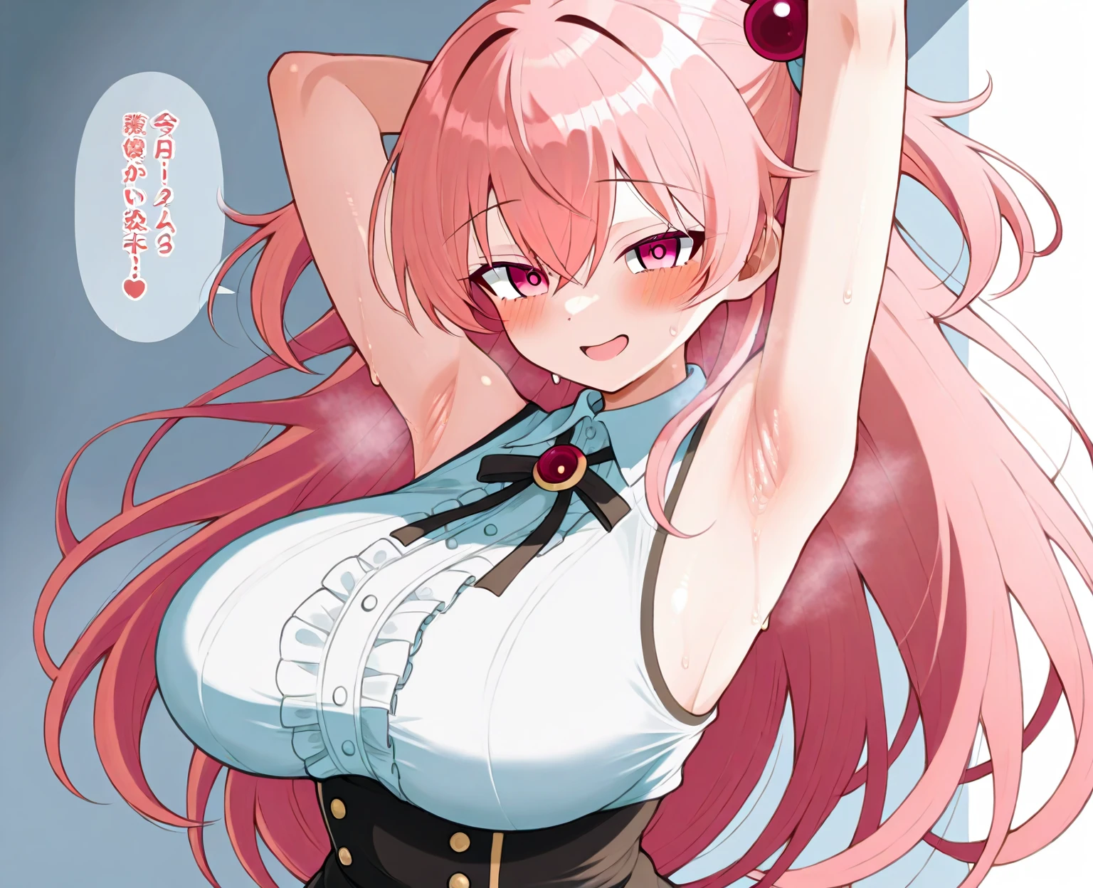 1girl, bunnysuit, bunny ears, pink hair, green eyes, wavy hair, hair over eyes, long bangs, bangs over eyes, shy, wavy mouth, black leotard, rabbit ears, huge breasts, thick thighs, pantyhose, bowtie, cleavage, red bowtie, wide hips, mature female, tall, tall female