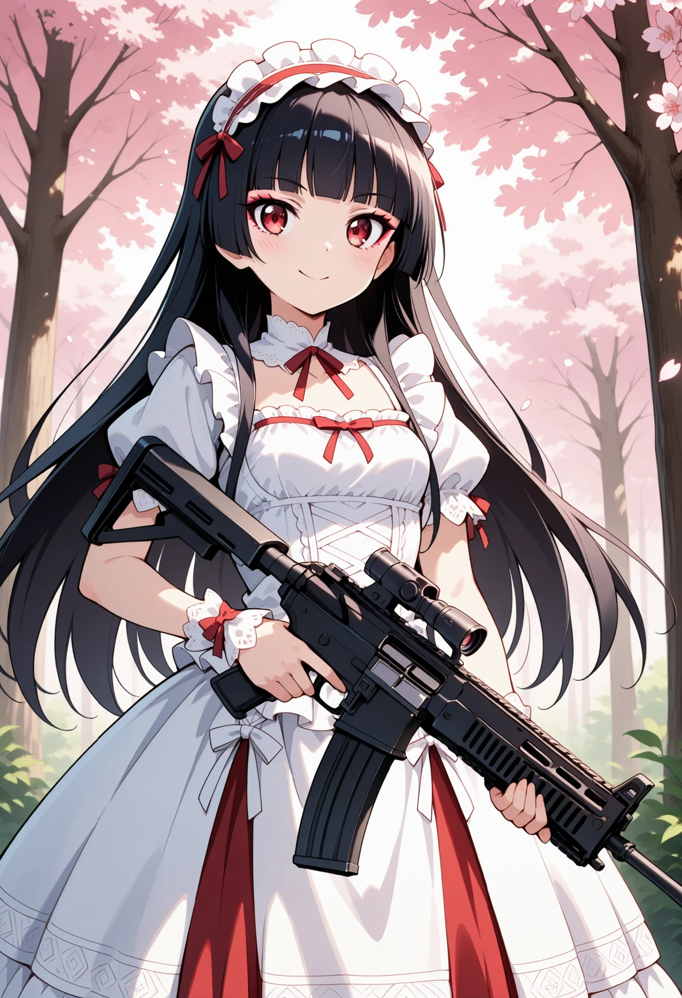 Highest Quality, details, high resolution, 8k, 超high resolution, shot from the front、(anime illustration style:1.2),Standing、1 girl on break day, solo、Rory Mercury、(perfect eye side by side),long hair, black hair, Red Eyes, bungs, blunt bungs, princess cut,makeup、 (Has a black assault rifle:1.2)、 Slim waist, wide hips, dress (白色dress:1.2), (white gothic ta clothes)、white headband、smile, cowboy short、cherry blossoms並木、cherry blossoms