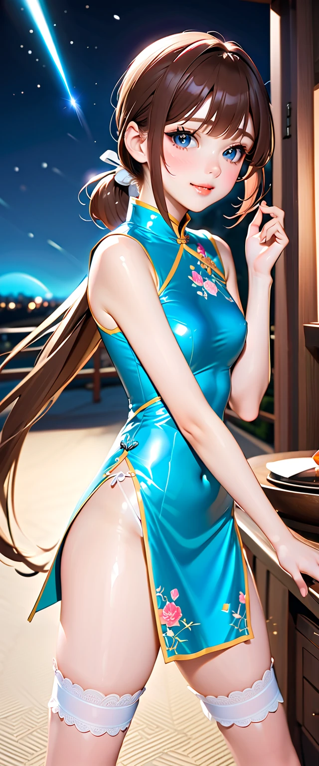 (Young and attractive woman, with a slender and well-structured body. Her white skin is smooth and delicate, contrasting with her long green hair and expressive green eyes. Her breasts: 1.5 are super mega hyper gigantic, with a rounded and firm shape, while her butt is big and round. She wears a sexy maid uniform, consisting of a white sleeveless jumpsuit that highlights her curves, with a super short and tight skirt in the front and back. The thin fabric of the uniform molds perfectly to her shape. body, leaving little to the imagination. Her movements are elegant and graceful, full of sensuality. She exudes an aura of maturity and sexuality, capable of awakening the desire of anyone who observes her.)