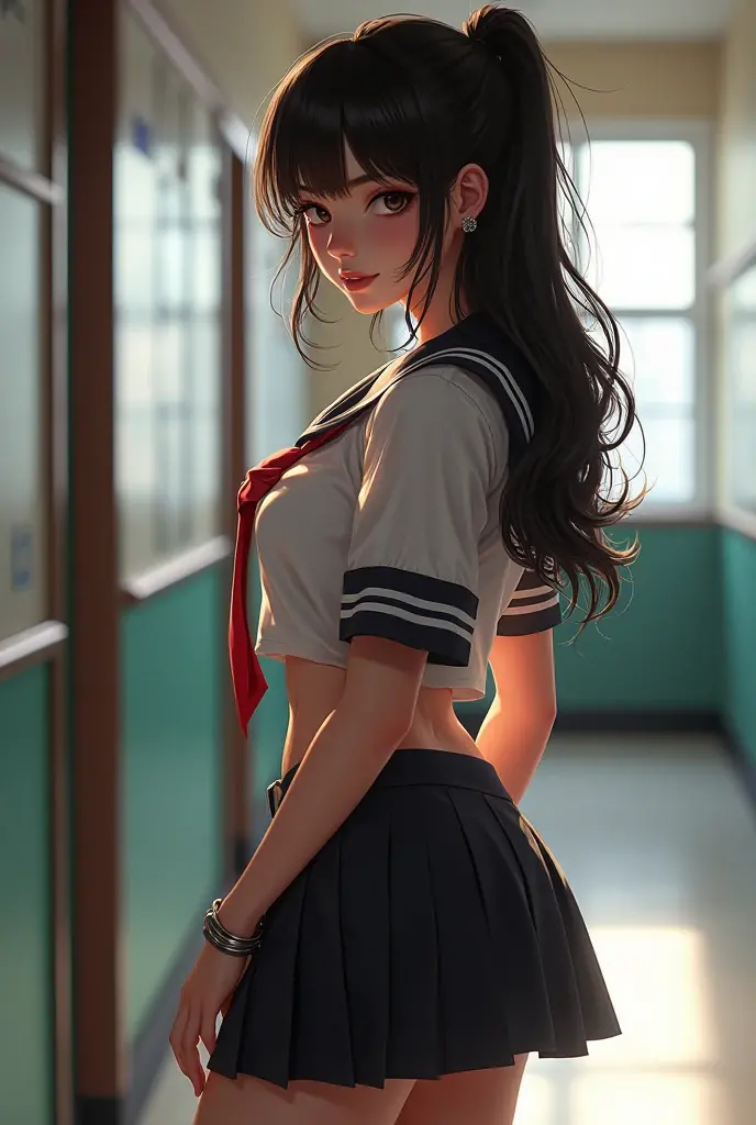realisticlying、12 year old girl、、Sideways view、Portrait close up、Sideways view、Wearing a full-body giraffe print bodysuit with a giraffe tail on the buttocks、Long wavy black hair、The face smiled、Theater stage、sexly?Crouched, seen from behind, leaning on a table, hands in front, Chest glued to the table, Leaning forward, ass standing, Miniskirt, spreading legs, Cute Baby Chibi lolli ,(((chibi 3d))) (Best Quality) (Master Price)、(masutepiece:1.3), (punk fashion:1.5), (punk hair:1.2), (Lots of accessories:1.2), Kimono with geometric pattern, Looking at Viewer, 1girl in, Smile, ultra-realism, Photographic, Sunshine, Realistic lighting, (the school festival at the high school:1.5) (tchibi:1.7) 、jumping