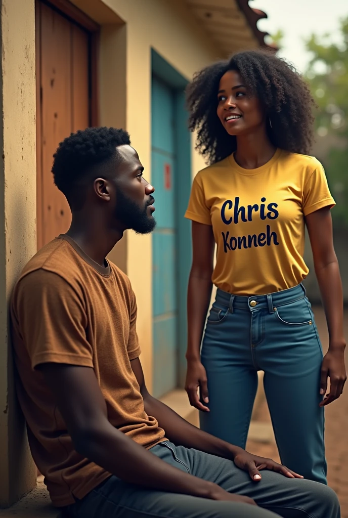 Chefaha with a t-shirt writing a chefaha on front and his lover usinga they sitting on coach if her lover t-shirt writing a uraha the image show them as African people