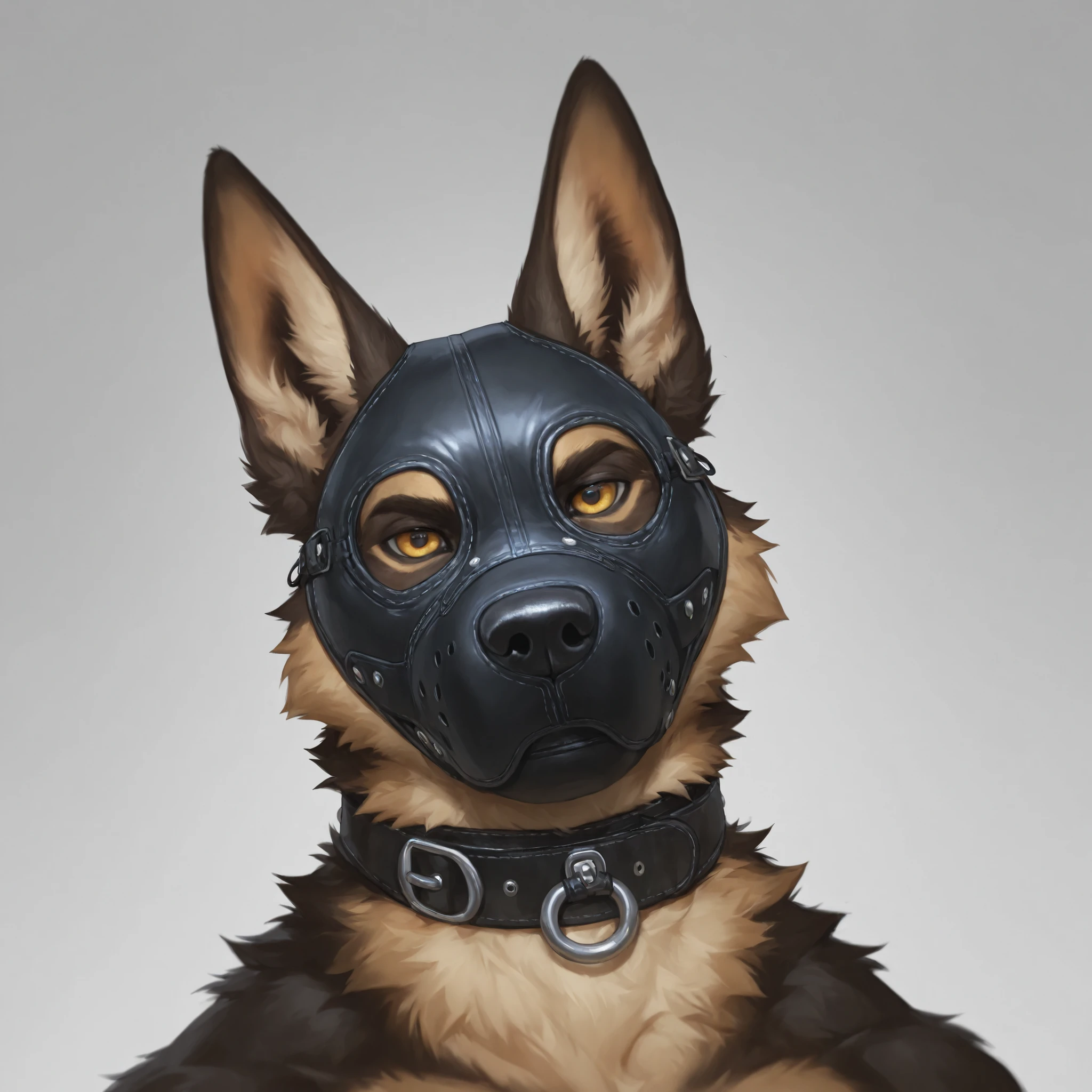 Furry, 1boy, highly detailed, breathtaking, male only, 18+, headshot, pup mask, german shepherd,  white background, looking at viewer, leather collar