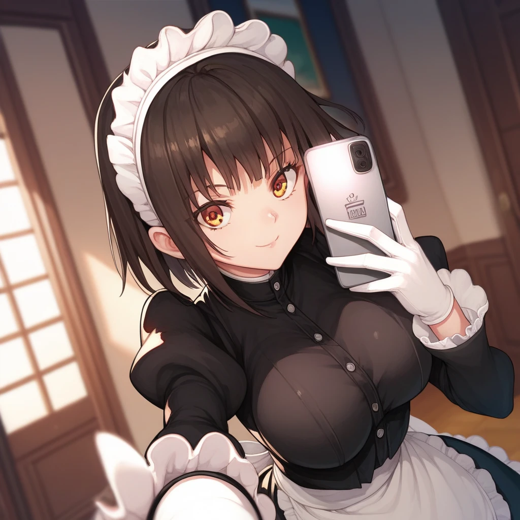 masterpiece, best quality, highres, kitagawa marin, 1girl, purple hair, medium hair, purple eyes, bonnet, red rose, collar, gothic, frills, black dress, black necktie, cleavage, long sleeves, white apron, thighhighs, smile, room, mirror, selfie, cellphone,
