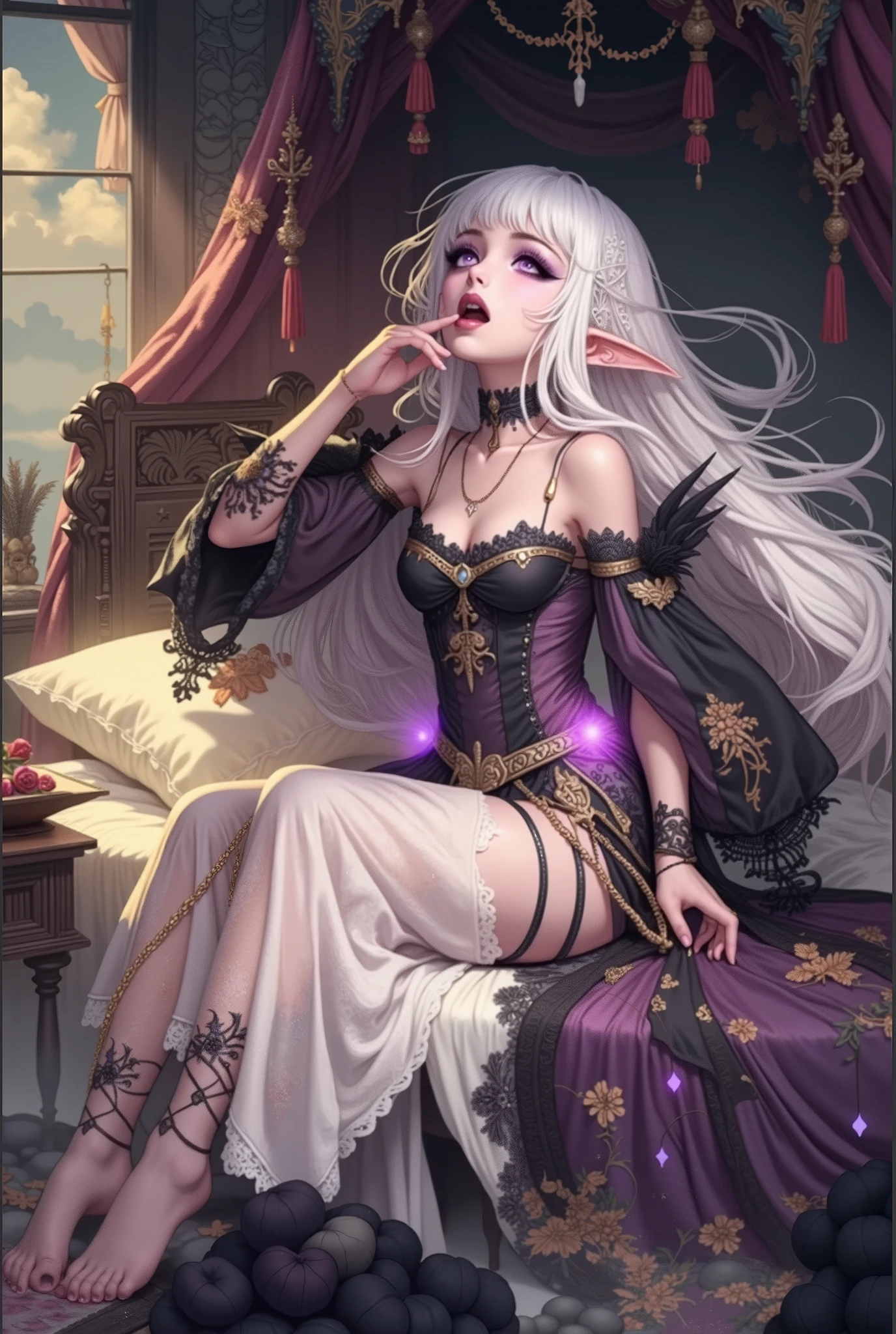the elf,Long blue-black hair,Black silk heels,cropped legs,wineglass,Long face,Long face,Long face shape