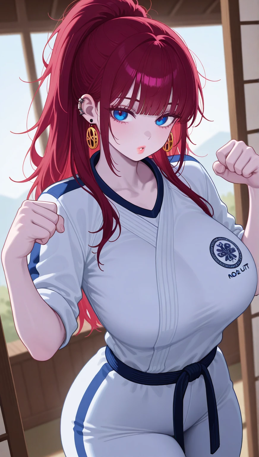 (((masterpiece))),(((High resolution)))、(((8K quality)))、(((Perfect Face)))、((Top quality eyes)), Attractive 40 year old woman, Very cute face、Anime Style、wavy hair, medium hair, ((hair over one eye)), red hair, small eyes, brown eyes, Beautiful Eyes、red and thick lips、Big Breasts、Cleavage, (Judo uniform), from above, cowboy shot, sexy pose, bewitching pose, lying, on back, Sleeping on your back、Sexy look, smile, blush, Arena with Judo hall at Olympic venue,