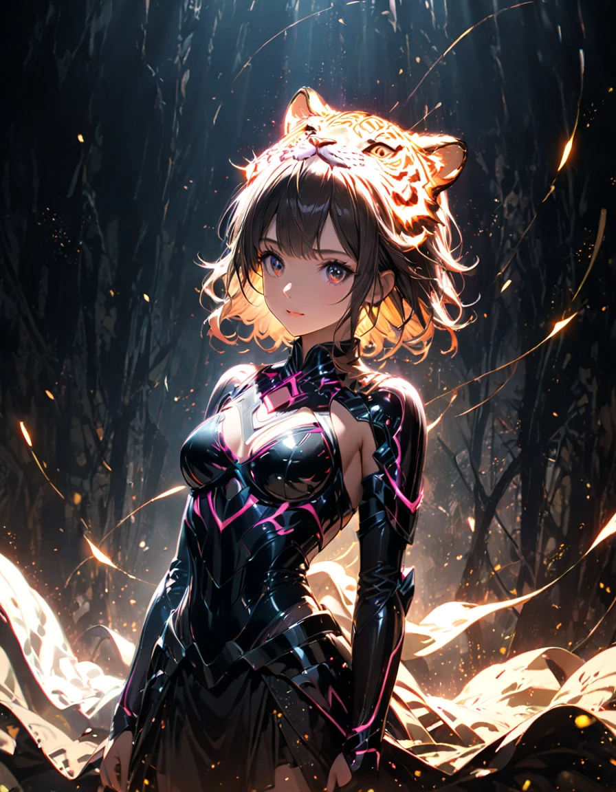 Detailed textures, high quality, high resolution, high accuracy, realism, color correction, correct lighting settings, harmonious composition. The girl stands in the dark, surrounded by particles of light and flickering neon sparks, which form an unearthly glowing silhouette of a tiger above her head. The atmosphere is mysterious, and the soft lighting creates a magical atmosphere. Digital illustration. --ar 3:4 --niji 6