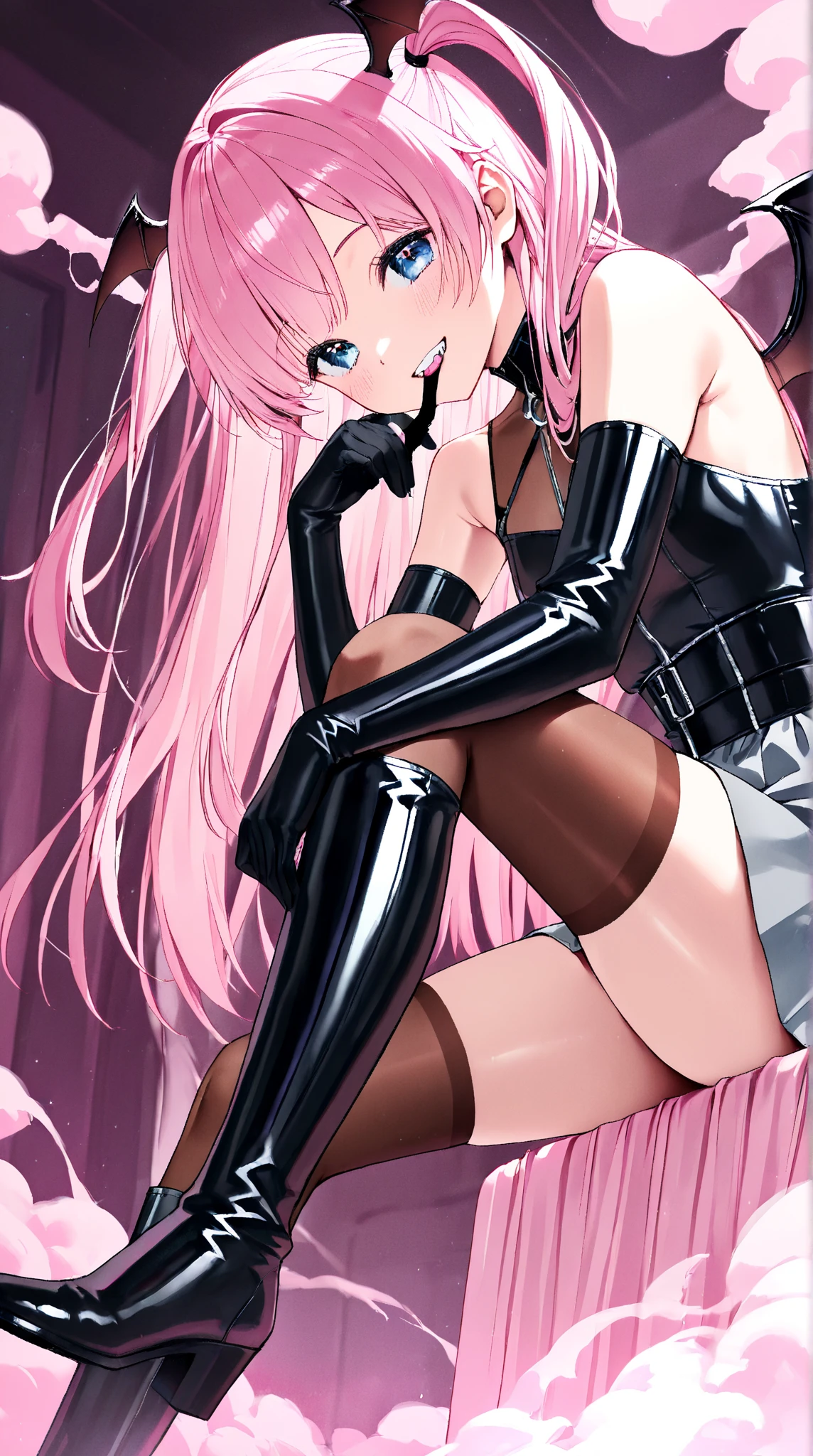 there is a cartoon picture of feminine pink hair, in an anime style, demon femboy, flat anime style, cute, crossdresser, femboy body, hooker outfit, doing a sexy pose, horny expression, hd, 4k, detailed,looking at viewer,latex,elbow gloves,,, ,official art,short pants,(beautiful_face:1.5),(narrow_waist),,Highly detailed CG Unity 8K wallpaper, perfect lighting,laugh at,too evil smile,too evil smirk,looking down at viewer,upper body,smile bad,deep shaded face,evil fall,latex elbow gloves,latex thighhigh boots,