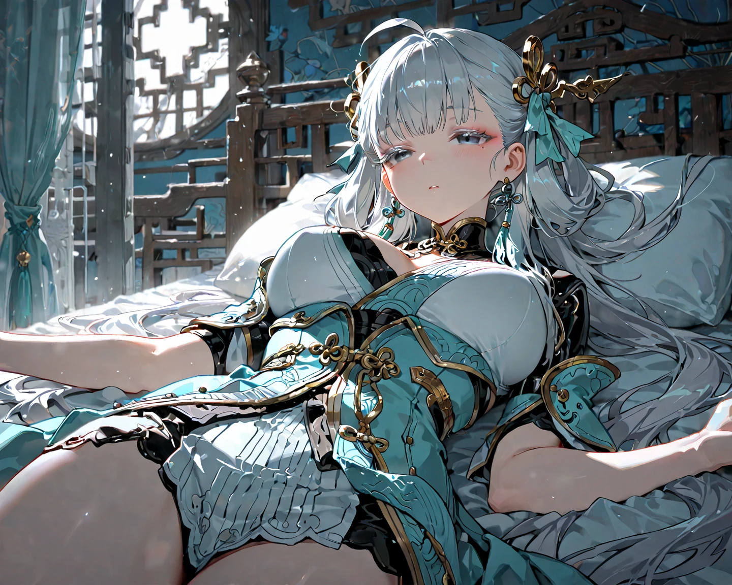 The ultimate masterpiece，(Fidelity:1.2)，((Peerless beauty，Raised sexy))，((Asian girl))，((cabelos preto e longos)),Unlimited scenery，(White:1.2+White:1.1,Delicate skin)，((Bigchest))，((BodyProportions：1：1)),((Heterochromic pupils)),((ornate decoration))，((sweat leggs)),(semi transparent:1.1)，Looming，((Loose red hanfu))，((Empress Fan，Lie on the sofa))，(lisses: 1.1)，(Clear curve details: 1.1)，(adolable: 0.9)，(Shiny: 1.1)，(goddes: 1.2)，Domestic style，The warmest yellow，The environment is mysterious and elegant，((The model is beautiful and sexy))，slightly fat big breasts，((full body concept)),