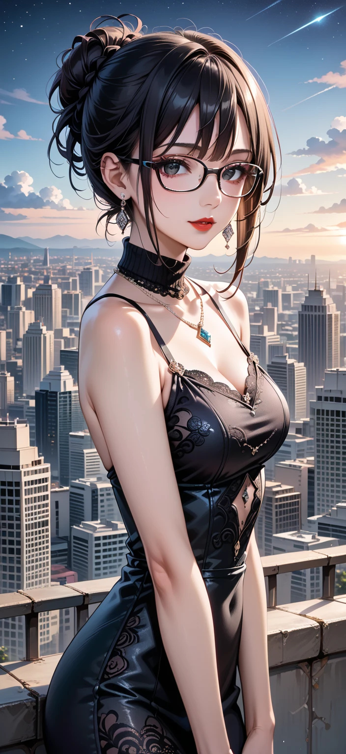 (upper body, beautiful dress), (best quality, masterpiece, high quality, 1girl, solo, (upper body, beautiful dress), illustration, beautiful detailed girl, beautiful detailed glow, beautiful detailed eyes, highres, detailed, high resolution illustraion, ultra-detailed, detailed background, beautiful detailed face), ((background: Generate a 3D banner image showcasing a futuristic cityscape at sunset. Incorporate realistic textures and lighting effects to emphasize the depth and realism of the scene. Highlight tall skyscrapers, neon lights, and flying vehicles, creating a sense of awe and wonder.))