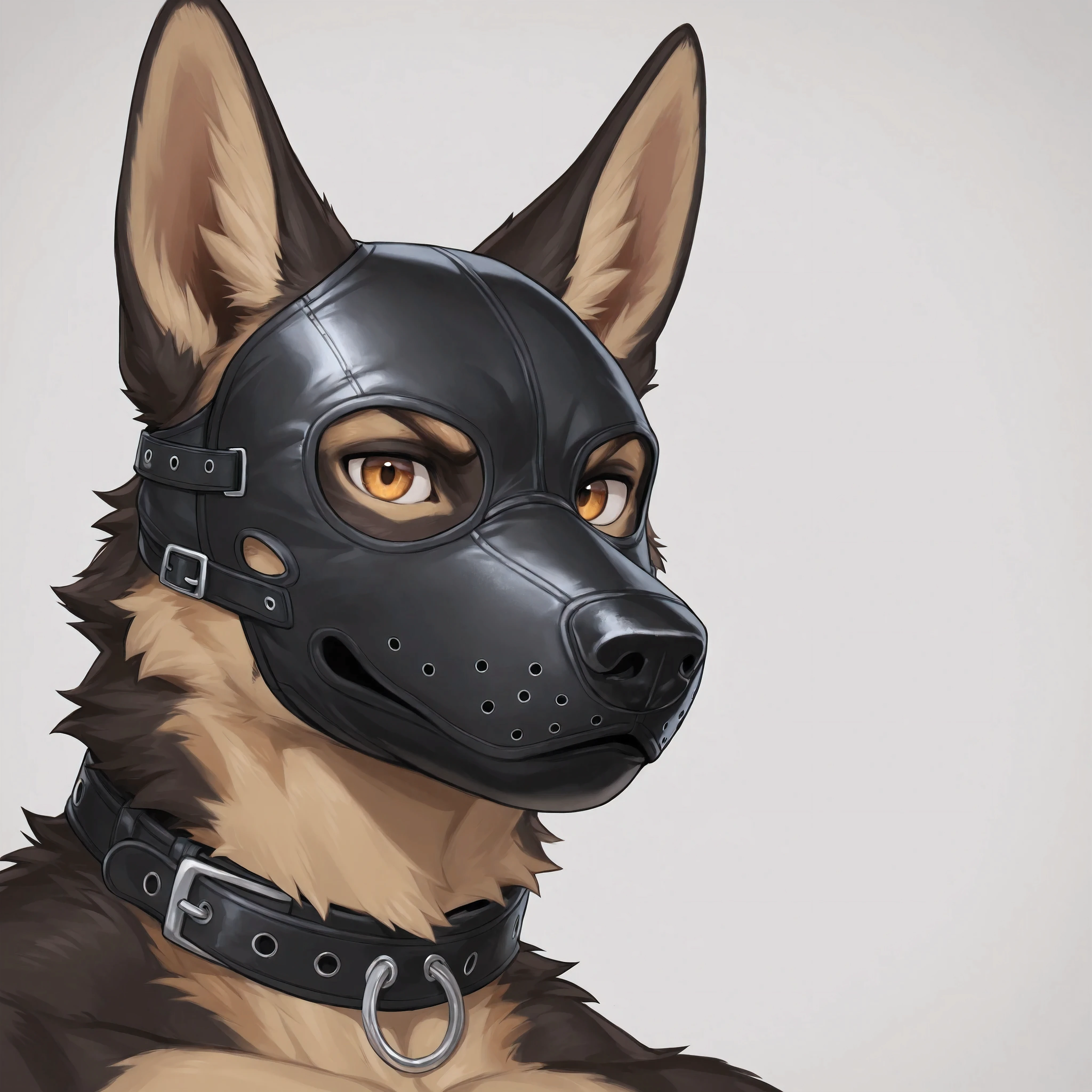 Furry, 1boy, highly detailed, breathtaking, male only, 18+, headshot, pup mask, german shepherd, white background, looking at viewer, leather collar
