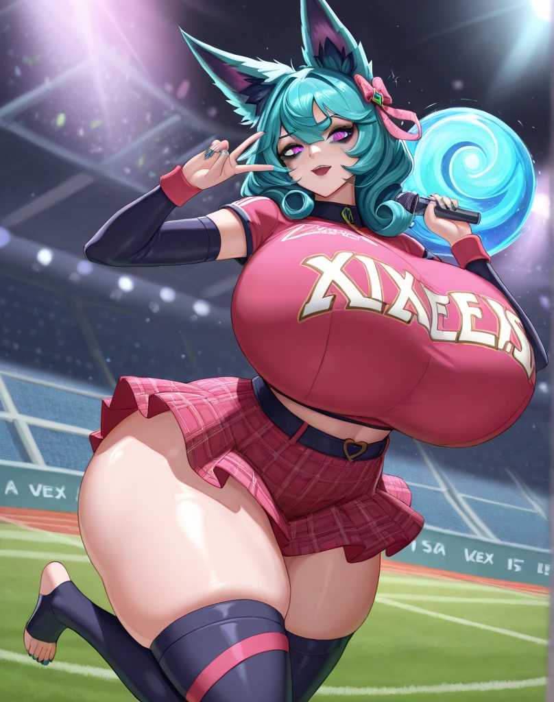 Masterpiece, Hyper detailed, Best quality, UHD, (((3D))), ((anatomically correct)), Dance club, 1 woman, Joyful Expression, ((Hyper detailed revealing White outfit, headphones:0.5)), Busty, Curvy, (Hyper detailed eyes, Teal eyes), Longeyelashes, Jewellery, Makeup, ((Pink hair, flowing hair)), {{{Club lighting}}}, ((Dynamic poses, stage, musical aura, performance, sparkling, Music notes)), AGGA_ST009