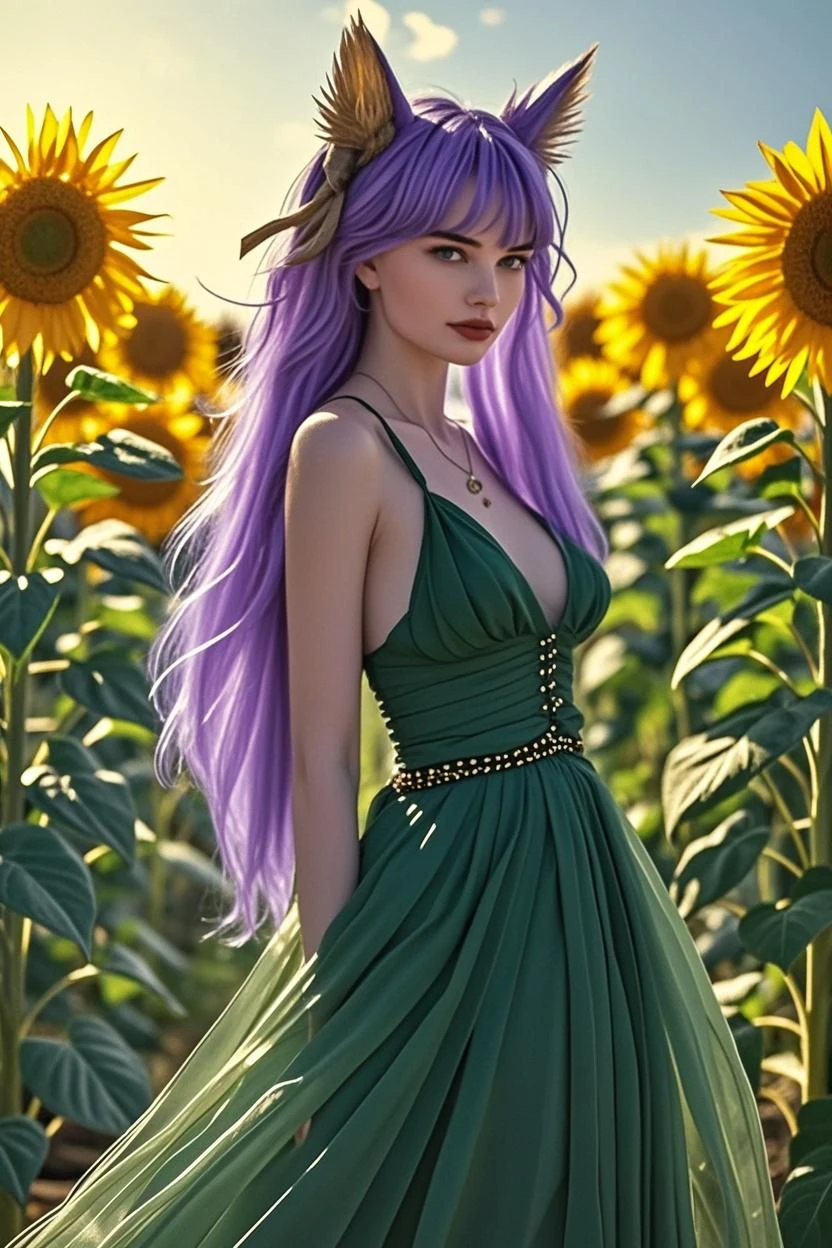 Wallpaper on your phone, better quality, cinematic image, detailed image, fantasy, detailed face, detailed beautiful golden eyes, Beautiful girl, dryad, богиня природы, лесная дева, flowers in hair, high, very long fluffy green hair, long fluffy eyelashes, thick eyebrows, wide hips, playful smile, spring forest, облегающее платье