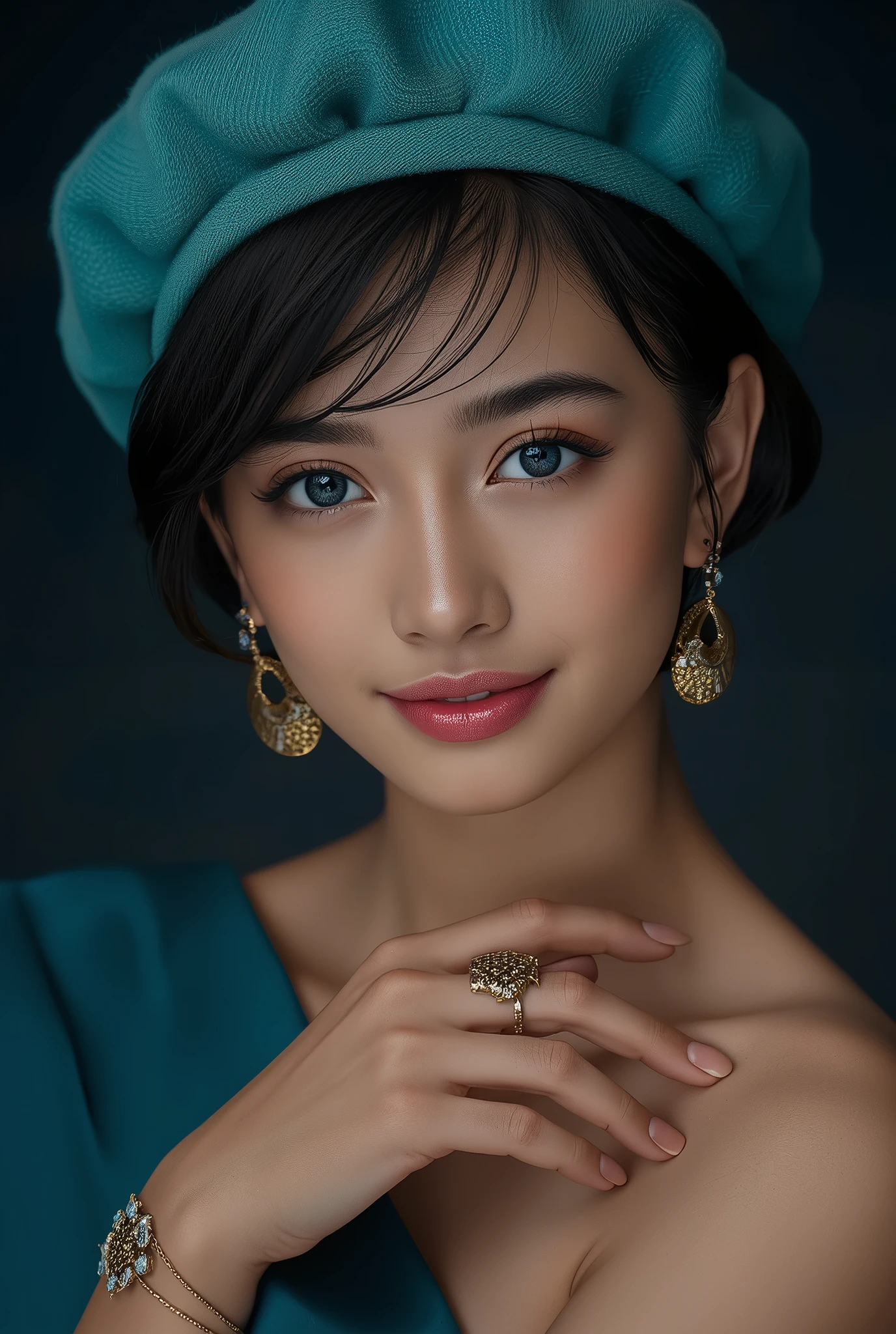 Fajo Geno Style , masterpiece, BEST QUALITY, 1 girl, 21 years old, smile, pink lips, Aqua Eyes, blue beret, Gold, closed mouth, earrings, above Decorati has , gem earrings, jewelry, watching viewers, mini skirt, shirt, Blue Cloak, short hair, Alone, cowboy shot, Half of the chest is visible with the head crossed with the back hand, dim, dark, High Contrast, Caustics