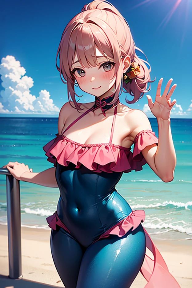 1 girl, nedium breasts, Kokia_Sanae, Alone, Green_The eye, frogs_the hair_decorations, Green_the hair, The white_A piece of_swim wears, swim wears, the hair_decorations, A piece of_swim wears, daysies空, ssmile, long_the hair, serpent_the hair_decorations, avaeak, wShow on theer, Be red in the face, clouds, blue_daysies空, Outdoor activities, the hair_conduit, Chopping, lookingat_Show on the_peeping at the viewer, daysies, By bangs, bigger_nedium breasts, the hair_between_The eye, 鎖骨, Bare bare_bshoulders, the bow, Bare bare_arma, mano_Upp, :d, blue_the bow, the ocean, alternShow on thee_Costumes, wShow on theer_lowered, Uppper_body, alternShow on thee_the hairstyle, wading,