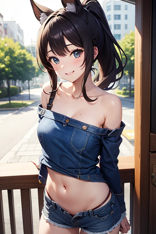 A girl is posing for a photo, cute女の子, Enchanting girl, 

(Black Hair, Forehead, Pixie Cut), (Red eyes), 
(Blue denim jacket:1.2, White half tank top:1.2, belly button, Blue denim pants:1.2, Wear a cowboy hat:1.2)、Black choker、Red Gem Earrings、

(((highest quality)), ((masterpiece)), (Very detailed), (High resolution), (Beautiful detailed sparkle), (High detail), (Anatomically correct)), ((Realistic)), ((The best CG)), Ultra-detailed art, CG illustration, 16k, 1080P, Oil paints:1.2,   

(((One Woman))), 
(Symmetrical facial features, Perfect Face), Beautiful clavicle, (Beautiful fingers), (Beautiful breasts, (Ｃcup)), 
Beautiful body, Beautiful thighs, Beautiful feet, Perfect round butt, (((Detailed skin, Oily skin, Textured skin, Beautiful Skin))), 

(((Baby Face, cute, 16 years old))), Double eyelids, Long eyelashes, 
(Droopy eyes, Expression of fine eyes, Beautiful and delicate eyes, Sparkling eyes, Eye Reflexes), 
(Beautiful Nose,Thin Nose), 
(Glossy Lips, Beautiful Lips, thick lips), 

(Beautiful Hair, Shiny Hair, Shiny Hair), Hair fluttering), 

(smiley, laughing, blush),  
BREAK 

(noon、(Vast grassland, Log house, cumulonimbus)), ((Leaning forward:1.4, Cowboy Shot))
