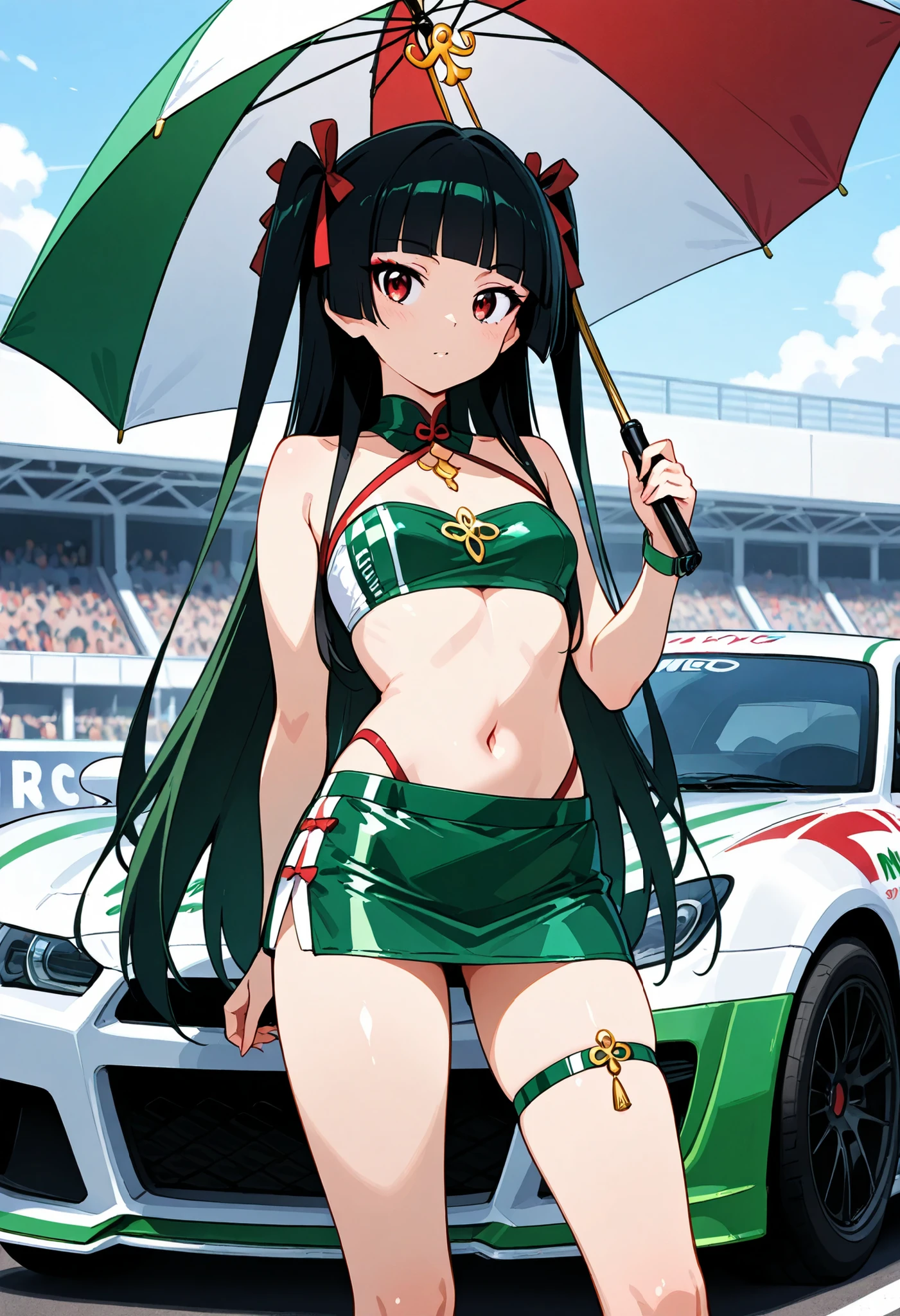 Highest Quality, details, high resolution, 8k, 超high resolution, Soft Saturation, Standing、1 girl on break day, solo, Rory Mercury、 drill hair, green hair, (perfect eye side by side),long hair, black hair, Red Eyes, bungs, blunt bungs, princess cut,makeup, ((Shimmering Micro Mini Skirt , green shiny micro tube top , Race Queen :1.3)) , Attractive colors 、(photograph:1.2) , watch viewers play with animals