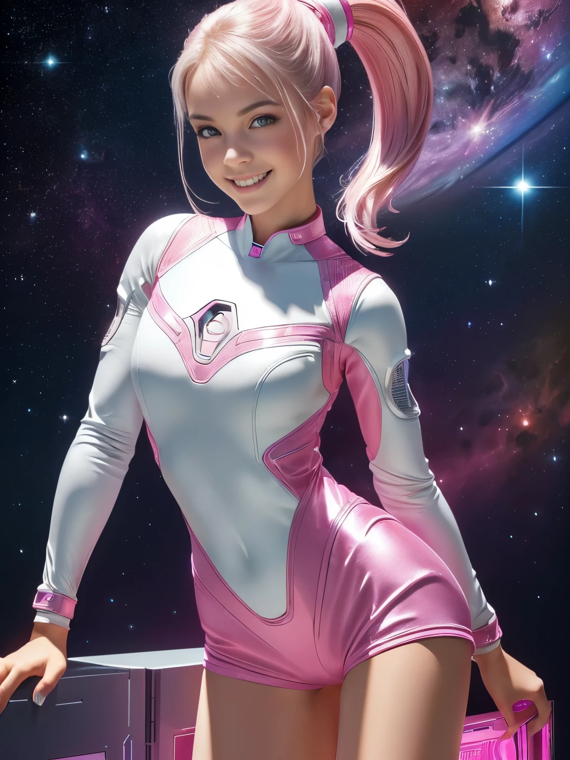 She has long blonde curly hair and a pony tail with a pink rubber band. She has light skin tone, her eyes are a dark brown and her eyeshadow are a light blue glitter. Her lips are hot pink and pink blushes. She wears a silver-blue pilot jacket with silver buttons and pink accents and, matching pencil skirt with a slit on the left side, a pink bodysuit underneath, and silver heels.


She wears a shiny blue garrison cat with wing designs at the front, earrings consisting of three layered circles, and a headset microphone. SPARKLE; GLITTER