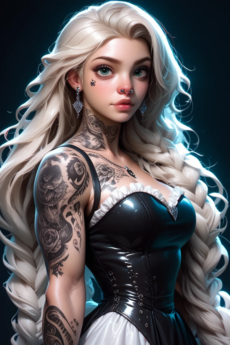 Close up of a woman with white hair and tattoos, detailed long black hair, curly dark hair, swirling black hair, black long curly hair, curly dark hair, Long dark hair and swirls, with black curled hair, Complex curly hair with long hair, Long black curly hair, Brunette and swirl, Meticulous woman, with black curled hair, Beautiful artwork