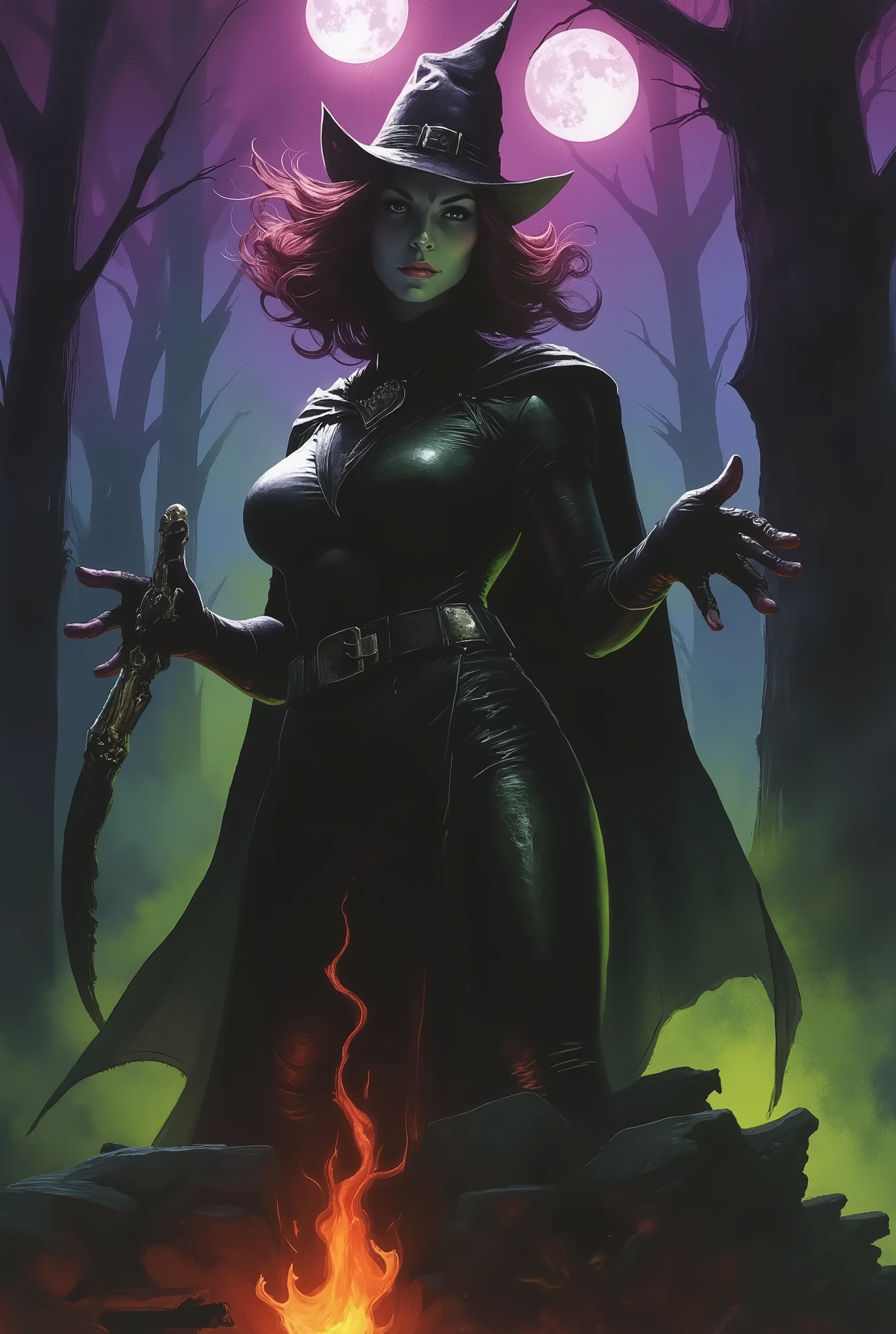 A dark fantasy theme of a female Dark Witch woman in medieval style , on forest, dark spell, in dynamic pose, twin moon in sky, bonfire. Glowing purple green and pink background lighting.