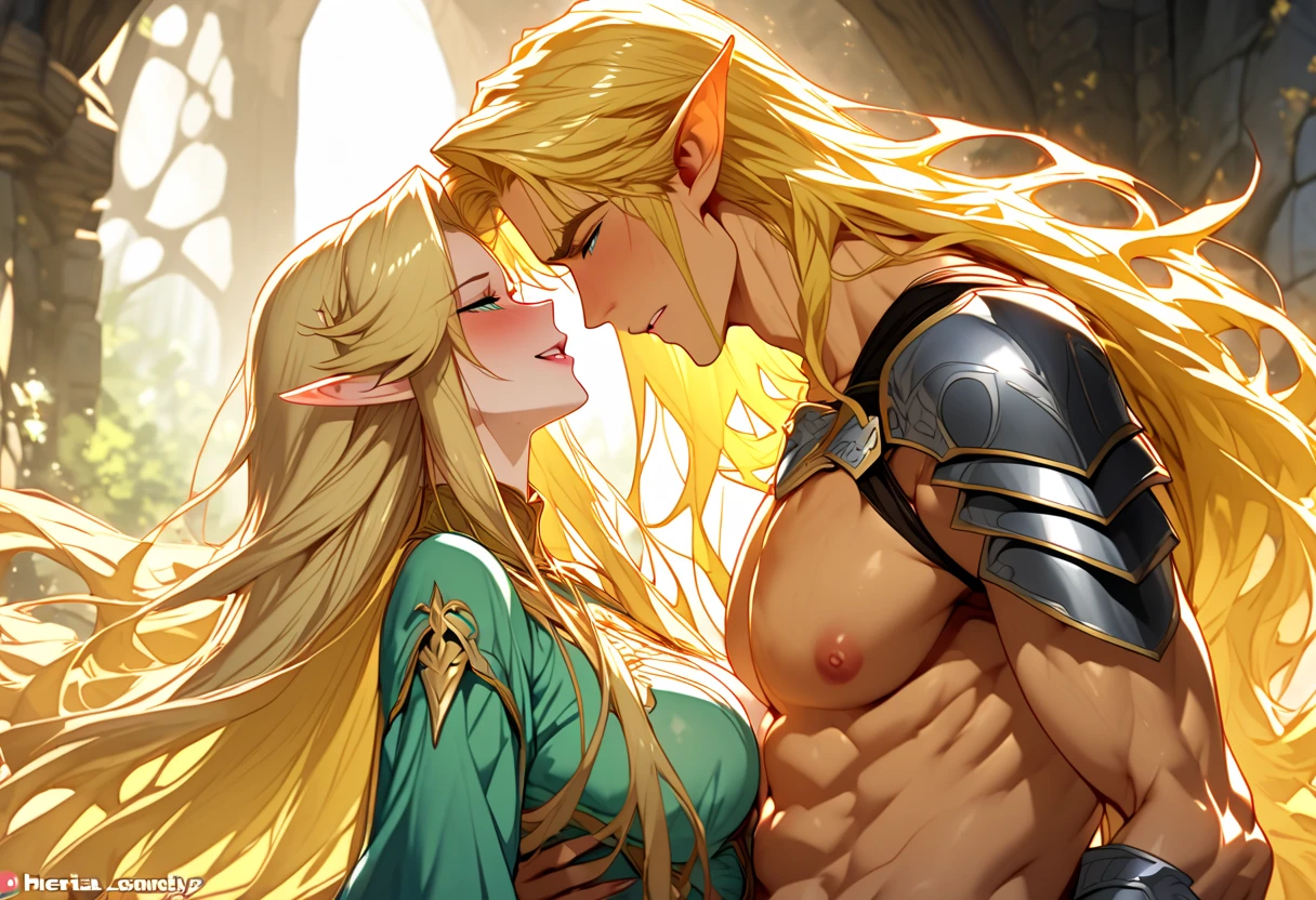 (beautiful faces) (high quality) (anime art) (great posture) (masterpiece) (dynamic poses) (high quality face expression) a dark blue long haired male elf with muscles and dark blue long hair and demon horns has sex with a female blonde elf in a castle, naked bodies, hard penis naked hard penis, pretty face, blushed face