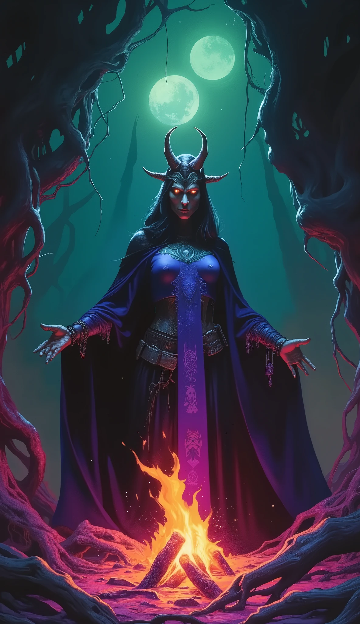 A dark fantasy theme of a female Dark Witch woman in medieval stile, on forest dark spell, in dynamic pose, twin moon in sky, bonfire. Glowing purple green and pink background lighting.