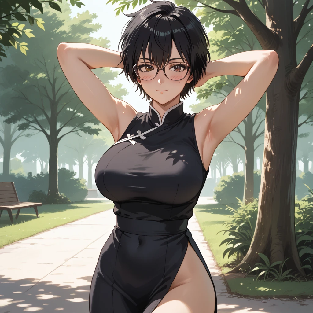(((solo,1woman, mature, alone))), kuchikirukia, ((black hair, short hair, Lock of hair between eyes, glowing violet eyes, wide eyes, lipstick, makeup, narrow waist, skinny, medium breasts)), pelvic curtain, ((black bikini, pale skin)), full body, perfect body, (insanely detailed, beautiful detailed face, masterpiece, best quality), (extremely detailed 8k paper CG wall unit: 1.1), (saigyou_ayakashi, bare_tree, cloudy sky, cloud, fog, dusk), cameltoe view, cameltoe, View from above, Diagonal view