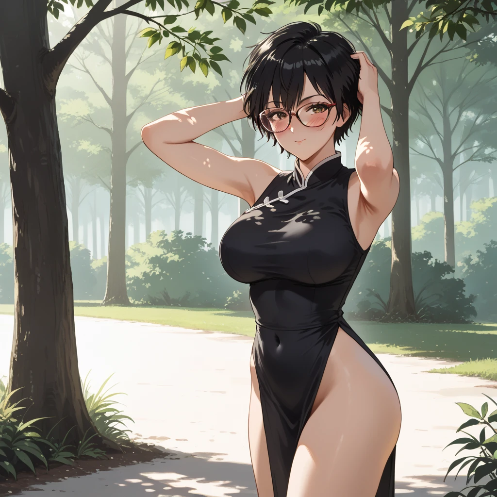 boyish,Very short hair,Black Hair,Large Breasts,Black leotard,High Leg,blush,Serious face,blue eyes,forest,Sweaty,Cowboy Shot,barefoot,Are standing,Haa,Please open your mouth wide,Embarrassing,