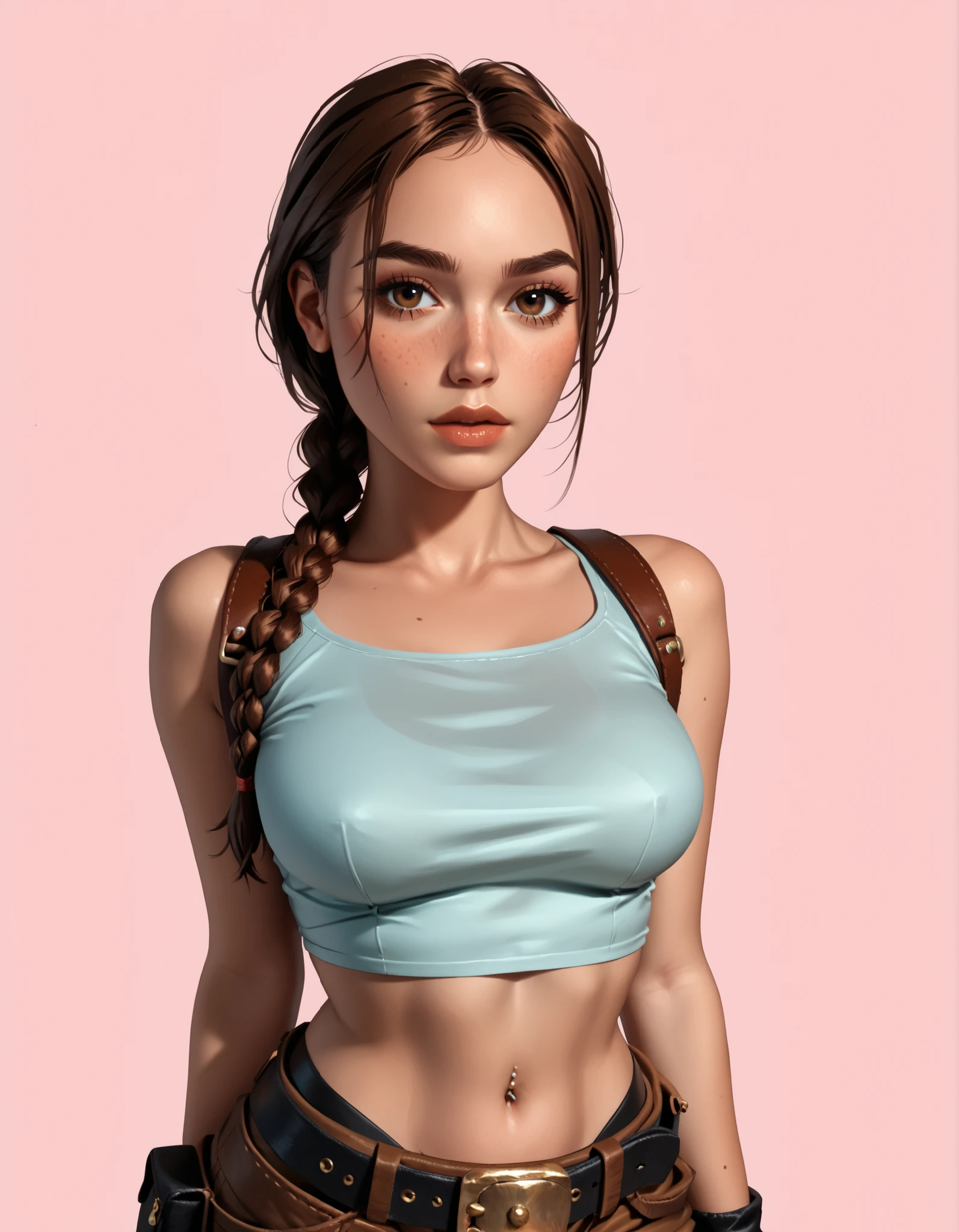 A highly detailed and stylized digital illustration of the athletic and beautiful adventurer Lara Croft, making a sexy pose with a flirty expression, ((low-cut)) (crop top), brown tactical shorts, two black holsters, black fingerless gloves and a black utility belt, long brown braided hair, hazel eyes, light pink background, (front view), upper body illustration.