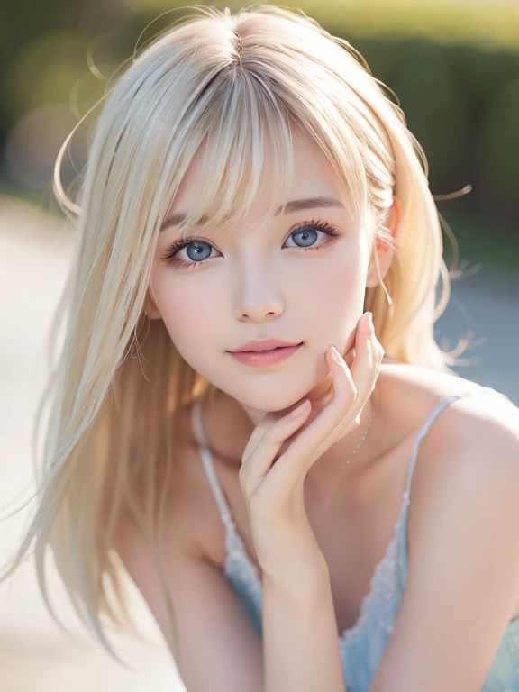 RAW Photos、(((A portrait of extreme beauty)))、((Radiant white beautiful skin))、1 person、A cute, child-faced, beautiful Nordic girl、((Glossy bright platinum blonde hair))、Cute clothes、Bangs that fall over the face、[Attractive, whitish, very light blue eyes]、Super long straight silky hair、eyeliner、Beautiful Bangs、Hair between the eyes、Fluttering Hair、smile、((masterpiece、最high quality、Super detailed、Film Light、Intricate details、High resolution、8k、Very detailed))、Detailed Background、8K  UHD、Digital SLR、Soft light、high quality、Film Grain、Fujifilm XT3 、Shallow depth of field、Natural light、（Perfect hands）、Small Face Beauty、Round face、Perfect beautiful face、Large Breasts