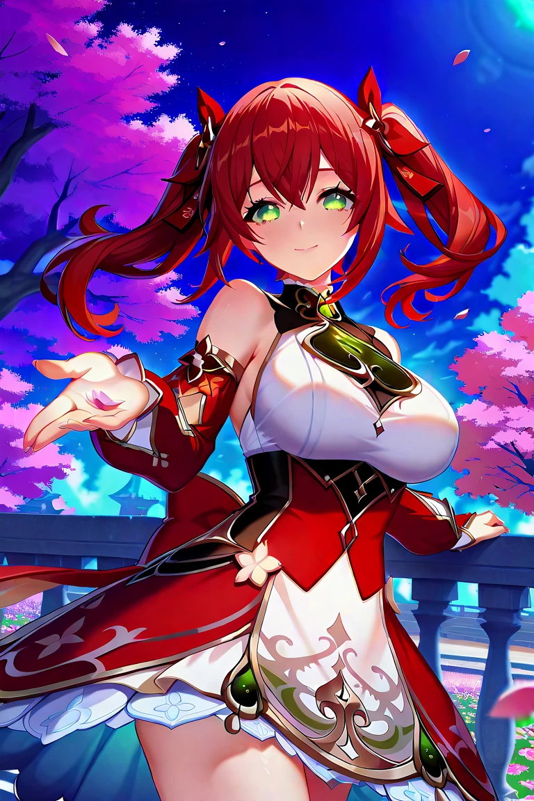 Masterpiece,8K,very aesthetic, best quality, ultra-detailed,extremely detailed CG, best illustration,anime face,1girl,akai asaka,large breasts,aroused,smile,Enchanting Eyes,green eyes,red hair,twintails,hair ribbon,(nahida:1.2 (genshin impact)costume),flower meadow,beautiful fingers,beautiful hands,fingertip,looking at viewer,beautiful detailed night sky, breeze, petals dancing in the wind,Cherry blossoms, balcony,