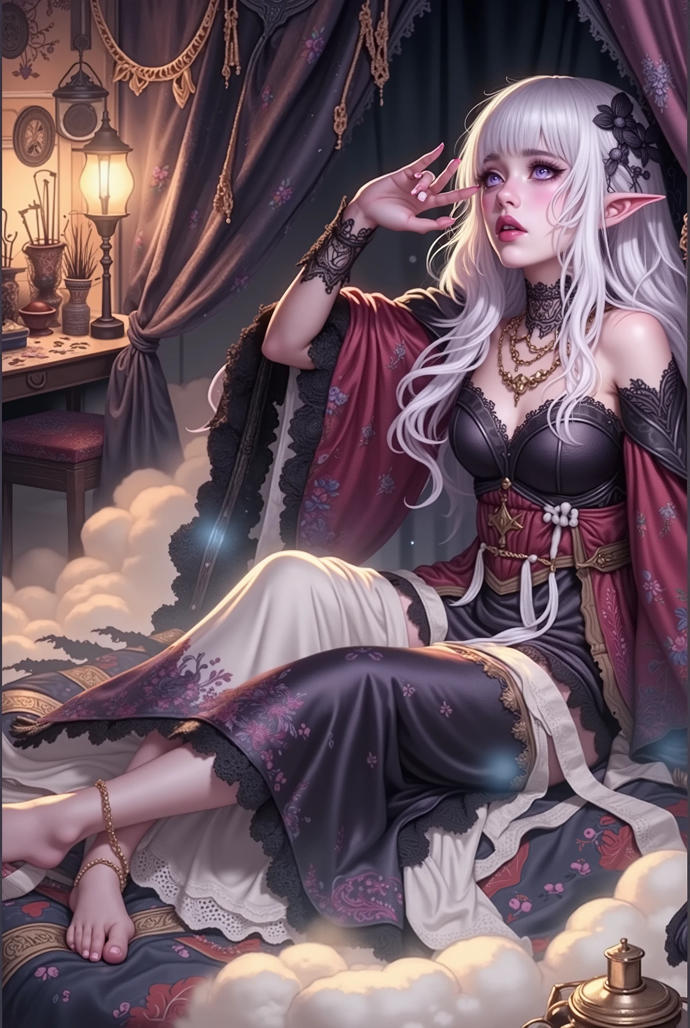 (Ultra-detailed face, Looking Away, Gothic Illustration, Dark Tone Colors. One thumb and four fingers.) , BREAK 
(Super-detailed faces, gothic fantasy illustrations, ukiyo-e style. A young female dark elf magical artist yawns cutely with one hand outstretched above her head next to a canopied, fluffy bed by her studio built on clouds. The studio is filled with works of art in progress and furnished in an art deco style. She wears a silk nightgown of crimson and jet-black lace and embroidery, and thin gold chains around the ankles of her bare feet. Her long white hair sways in the wind.) , BREAK 
(The female young dark elf has white hair and white eyebrows, crisp bangs, long wavy hair to her waist, small pink lips, lavender eyes, dark purple skin, and dark eyeliner.)
