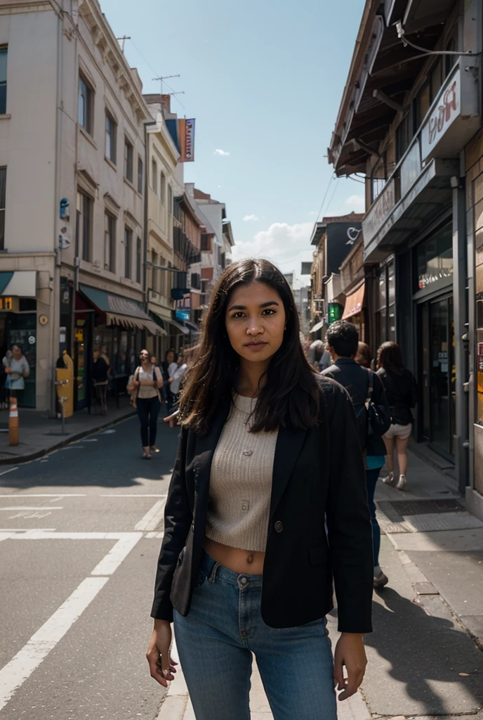 portrait of a cute influencer ,standing , full body, wearing as a business woman clothes , black hair, standing correctly , long eyelashes, upper body, solid circle eyes, small nose , light smile, facing viewer, drop shadow, 8k, super detail, best quality, 1080P, 1080P, 1080P, 4K, 8k, 16k, HD, 1080P