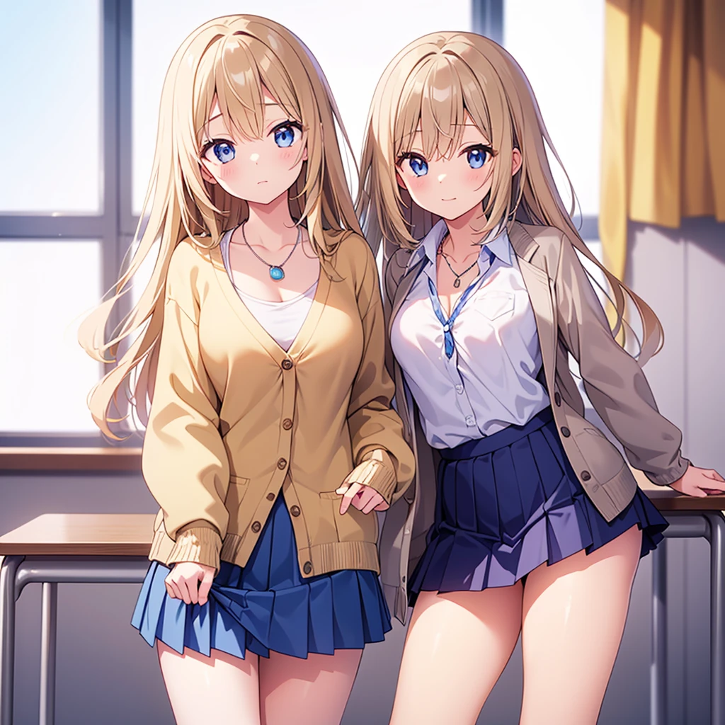 (Tabletop, highest quality, High resolution, , Perfect Pixel, 4K,), 1 girl, single, alone, Beautiful woman、I could see the whole body、 ((Wavy mid-length hair, bangs, Brown Hair)), ((Brown eyes, Beautiful eyelashes, Realistic eyes)), ((Detailed face, blush:1.2)), ((Smooth texture:0.75, Realistic texture:0.65, Realistic:1.1, Anime CG Style)), Medium chest, Dynamic Angle, Perfect body, ((, female teacher, , Earrings、necklace、Beige off-the-shoulder sweater、Long pleated skirt、Black knee-high stockings、Pink lace panties、A shy smile、Lift up your skirt and show me your panties)), Superior、、、evening、、Bring your arms together to emphasize your chest、Hold the necklace between your chest、(、()、Angle from below)、