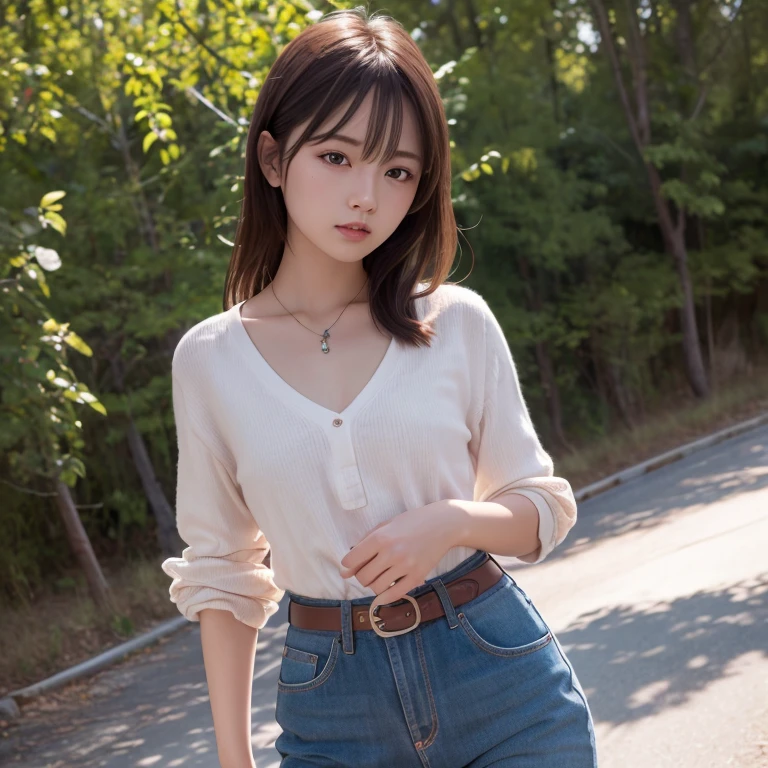 (Best quality, masterpiece, detailed), (RAW, 4k, hd images), shy, 1 girl, 17 years old, white skin, long hair, ponytail, layers hair, bangs, black hair, beautiful girl, cute girl, sweet girl, pretty girl, perfect girl, pretty eyes, blue eyes, thin lips, thin, (eye line, lip stick soft), perfect , glasses(detailed frame), terrace, smile, thigh, casual clothes, casual pants, sitting