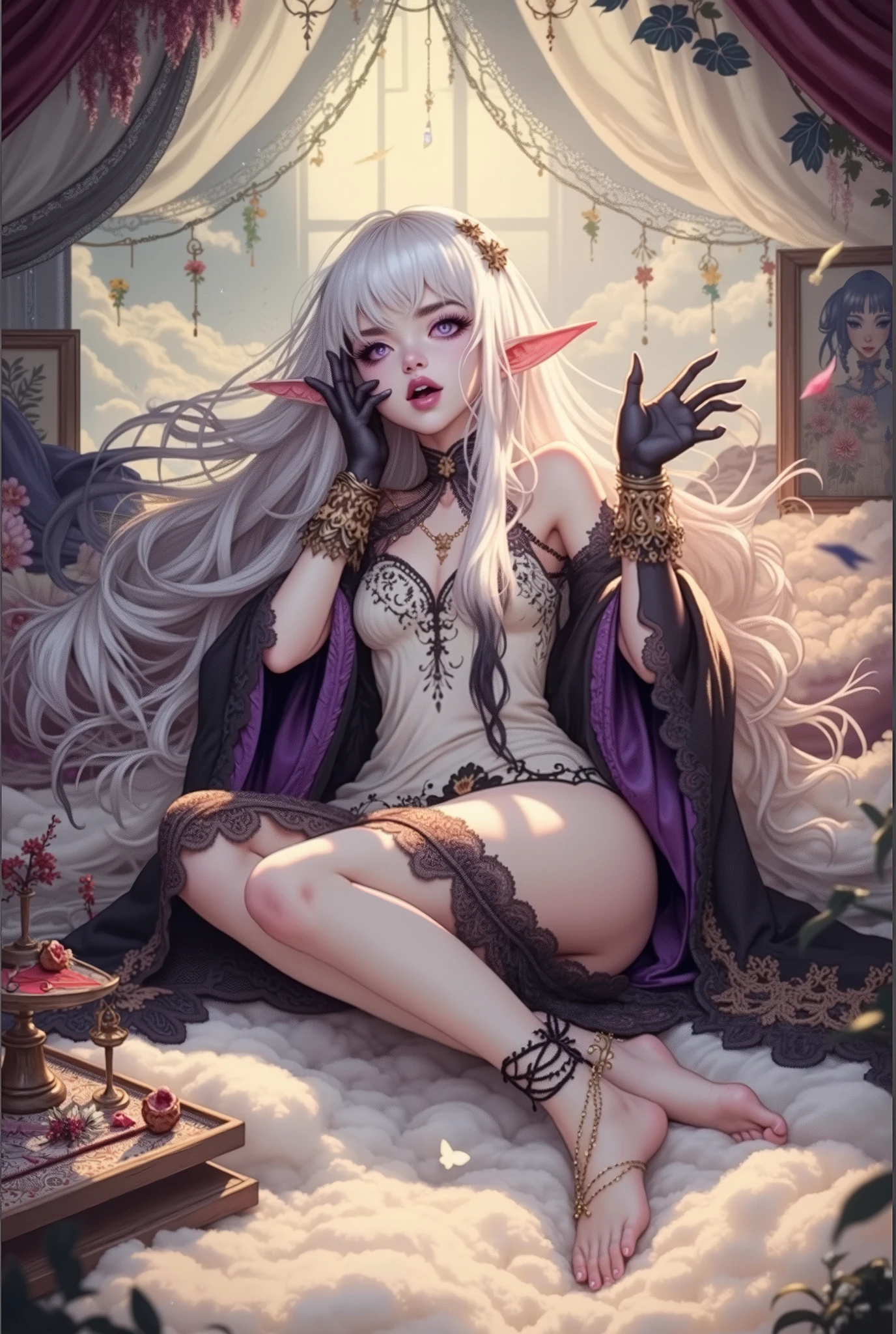 (Ultra-detailed face, Looking Away, Gothic Illustration, Dark Tone Colors. One thumb and four fingers.) , BREAK 
(Super-detailed faces, gothic fantasy illustrations, ukiyo-e style. A young female dark elf magical artist yawns cutely with one hand outstretched above her head next to a canopied, fluffy bed by her studio built on clouds. The studio is filled with works of art in progress and furnished in an art deco style. She wears a silk nightgown of crimson and jet-black lace and embroidery, and thin gold chains around the ankles of her bare feet. Her long white hair sways in the wind.) , BREAK 
(The female young dark elf has white hair and white eyebrows, crisp bangs, long wavy hair to her waist, small pink lips, lavender eyes, dark purple skin, and dark eyeliner.)