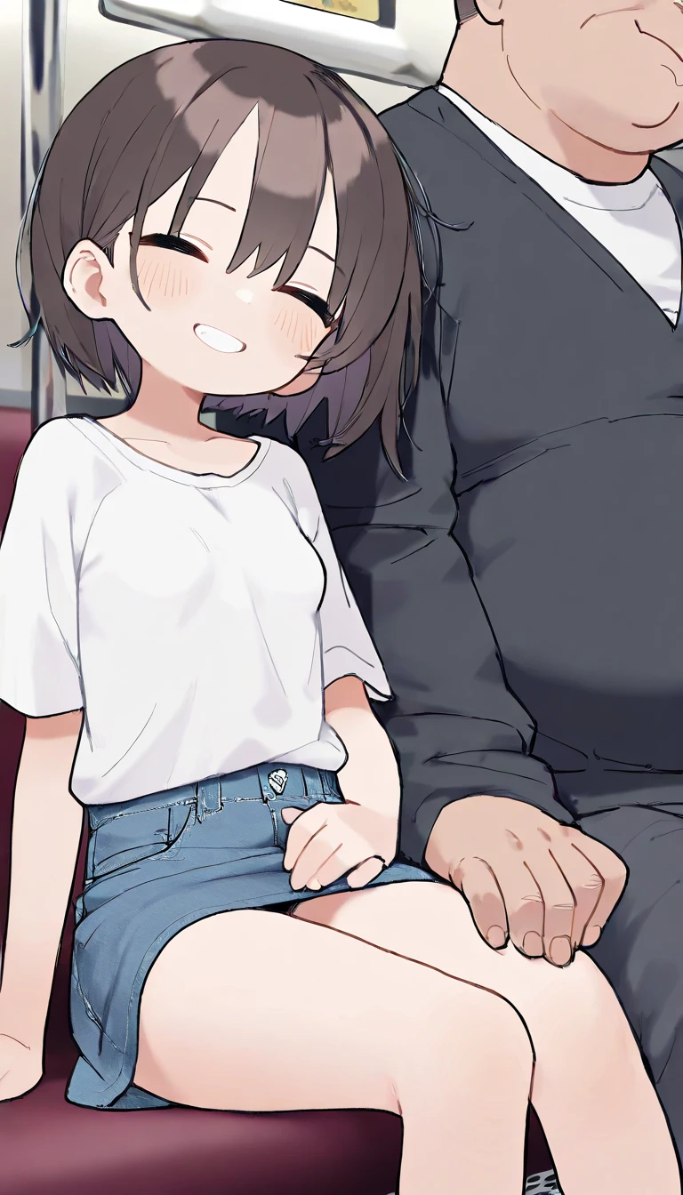 An elementary school student wearing a denim miniskirt and showing off her lace panties squats down and gives a blowjob to a standing man's small penis、Cum on face