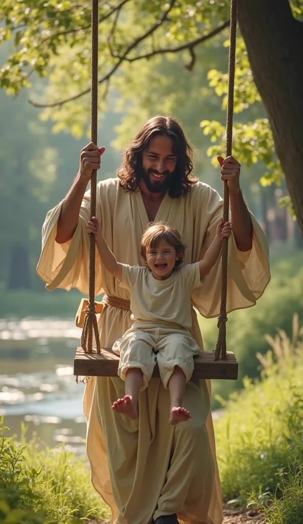 Descreva uma imagem de Jesus Christ walking in the enchanting garden of Eden with Adam. Adam is 2, short curl light brown hair, green eyes. Jesus is 3, light blue eyes, very handsome, emanating a divine aura and looking directly into the camera with a penetrating and compassionate gaze. The scene around him radiates a sense of serenity and transcendence, com cores suaves e uma atmosfera celestial. Highlight the details of the expression on your face, the sparkle in your eyes and the sense of peace and grace that your presence radiates in this sacred moment, 32K UHD, Style Raw, Afternoon sun, warm tone, cinematic