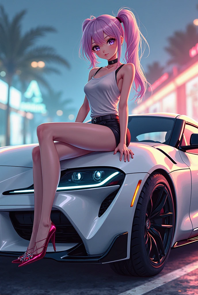 (detailed beautiful eyes and detailed face, masterpiece side light, masterpiece, best quality, detailed, high-resolution illustration), best quality, ultra detailed, extremely detailed, (masterpiece:1.1), high quality, (highres), (1 female), ((City background, realistic car, car open hood, engine, racing), night sky, Tokyo, neon lights), (racing, exposing ass cheeks, beautiful woman, Mexican, Hispanic, shiny skin, sweaty, small breast, tanned skin, shoulder sunflower tattoo, full body), (magenta hair, magenta colored eyes, magenta fox ears, black pants, red crop top)