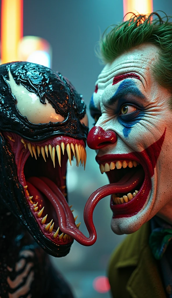 The image of two people.
An evil, reptilian, veteran boss with his clown-like lackey who is fixing his hair.
