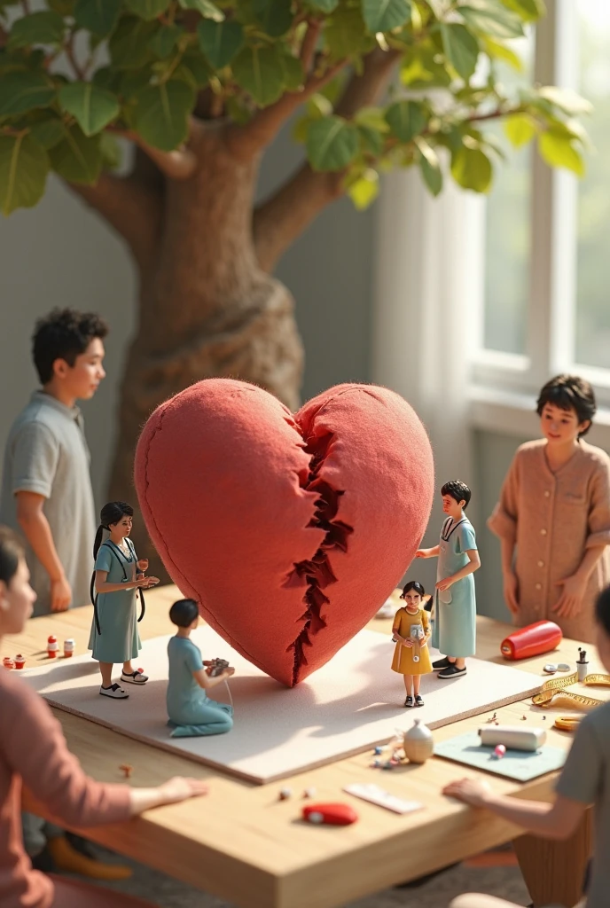Create a clear image, of a father assaulting his mother and son learning. Broken red heart