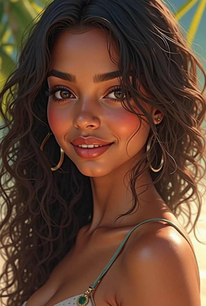 um close up de uma mulher de biquíni at beach, 30-year-old woman from cuba, she has olive brown skin, with dark skin, lizzo, she is facing the camera, violet myers, beautiful city only black women, at beach, posing on a beach with the ocean, is wearing a swimsuit, photo of a black woman