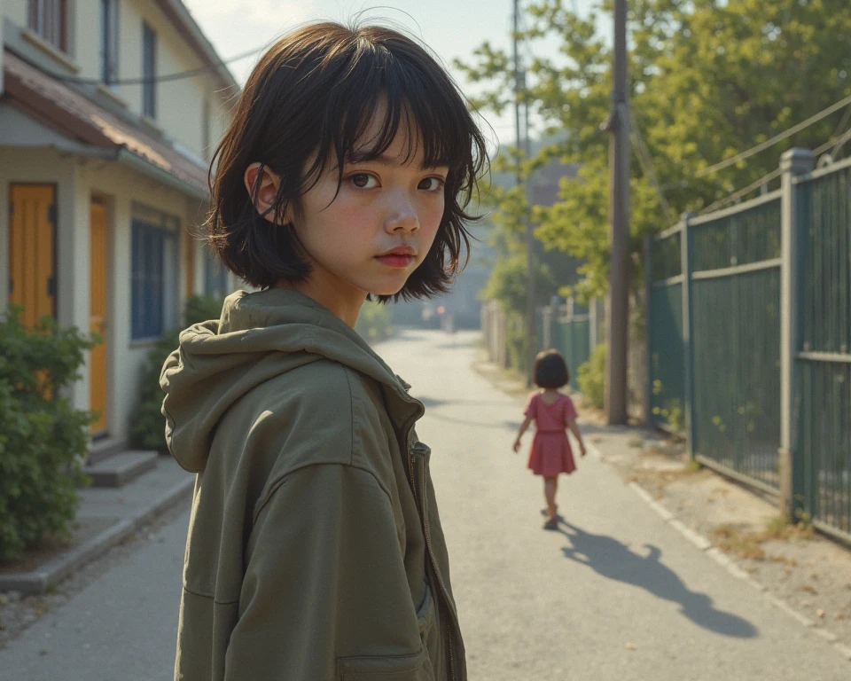 Realistic photos。Japan girl at 10 years old。Short bob with black hair。10 months pregnant woman。Standing posture。Crying face。