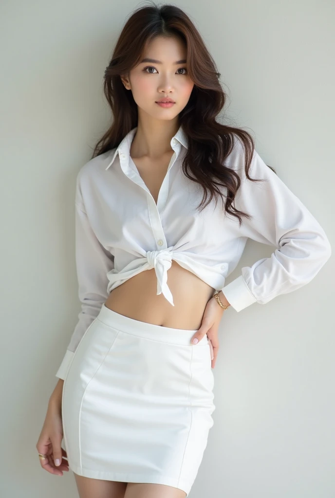 Cute girl, 10 years old, white blouse, black mini skirt, cute panties, front, from below