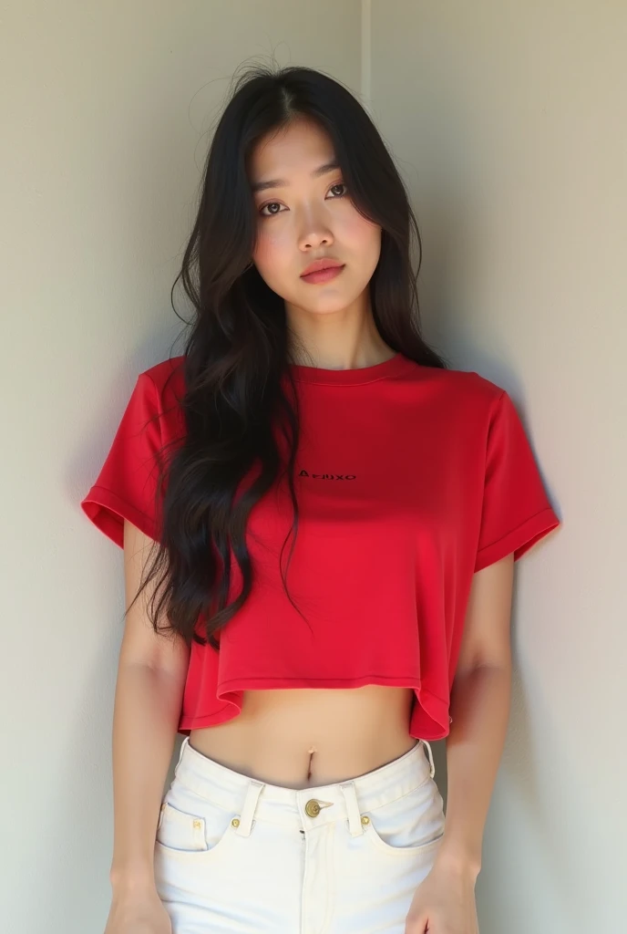 (8k, raw photos, realistic: 1.25), (Lip Balm, eyelash, shiny face, Shiny skin, best quality, Ultra high resolution, depth of field, Chromatic aberration, Moisturized lips, A specially trimmed face, Sparkling detailed eyes, black hair, semi-long, 1 girl, Wearing a shirt, red shirt, long-sleeved shirt, Wear a long skirt., red long skirt acm, printed skirt), (big breasts, Big breast , eye-catching breasts, big tits), outdoor, sunlight.