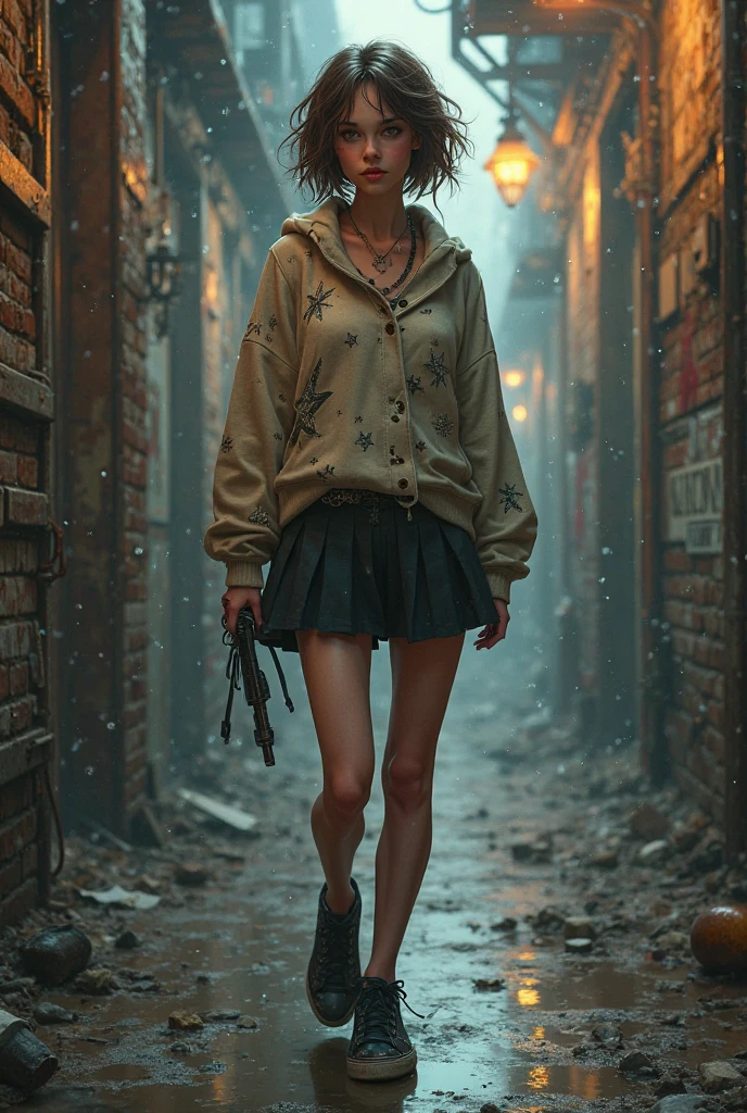 a woman walking an empty road, hyperrealistic horror shot of a walking-dead, zombie, creepy, foggy, evening, light bloom, Tristan Eaton, victo ngai, artgerm, RHADS, ross draws, masterpiece, best quality, (oversized jacket, skirt, converse shoes), photograph, dreamlike, face focus, intricate details, sharp focus, photography, photorealism, photorealistic, soft focus, volumetric light, (****), (intricate details), (hyperdetailed), high detailed, lot of details, high quality, soft cinematic light, dramatic atmosphere, atmospheric perspective, raytracing, subsurface scattering, (wide shot), (full body)