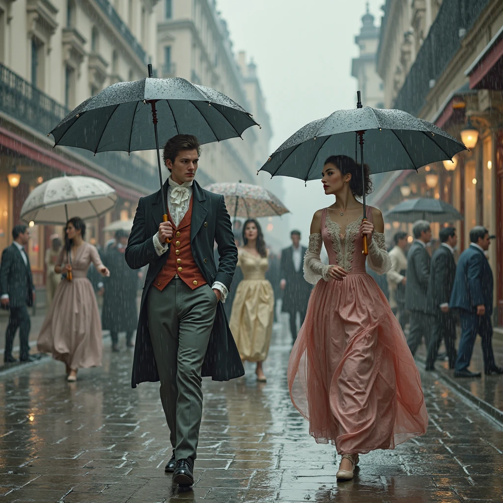 A young man with black hair and white skin running away from a young white woman with curly black hair. Set in 1800 and the two rich men