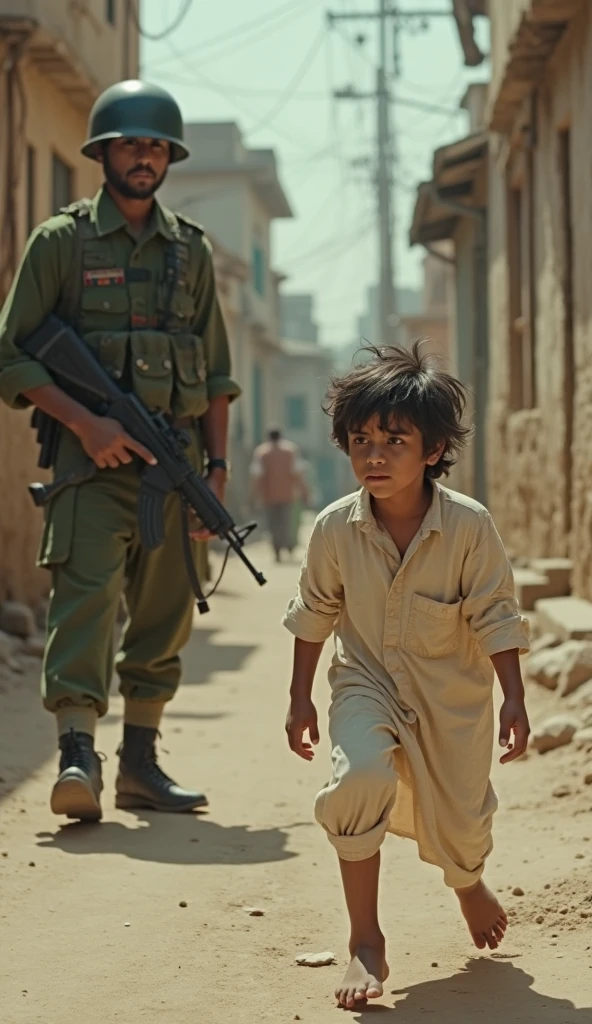 A boy wearing Palestinian clothes runs while being chased by Israeli soldiers.