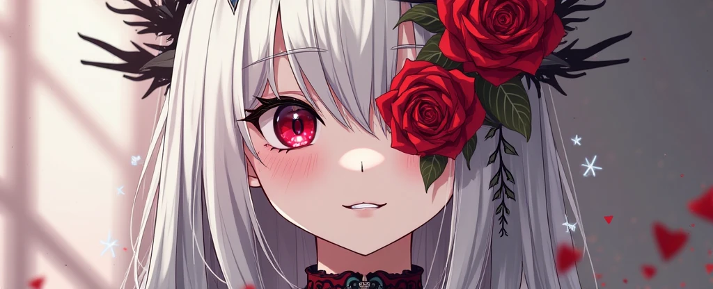 (reminiscent, captivating, and dreamy atmosphere),(malicious gaze with red eyes, porcelain skin, a mischievous smile), their decomposing face with exposed teeth, Crying blood, Red Flowers