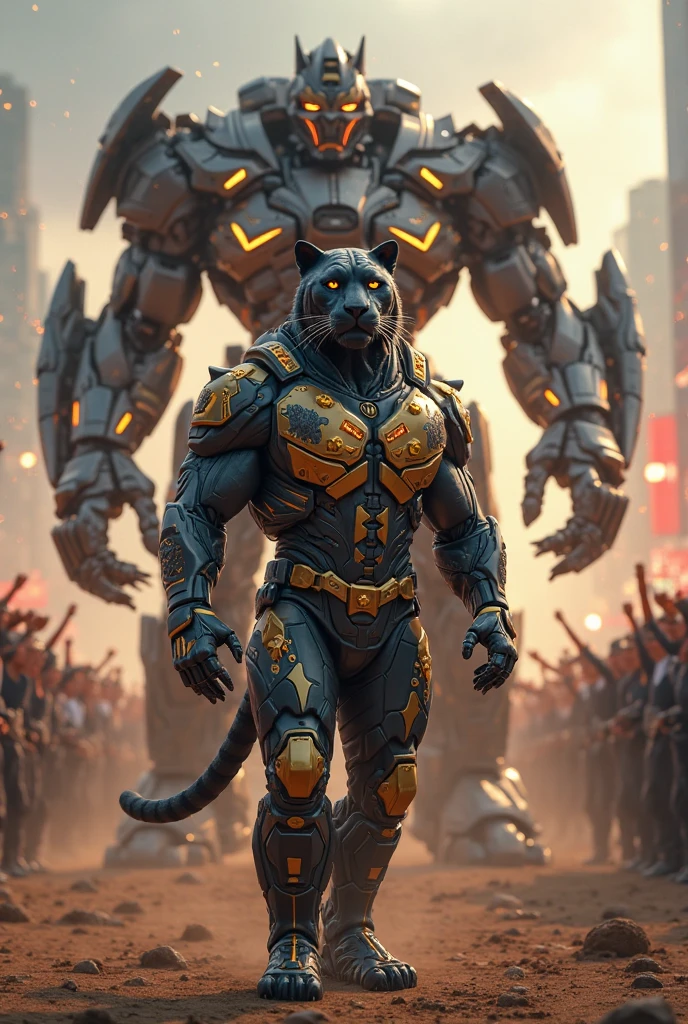 3D render of a highly detailed and realistic Transformer giant robot, meticulously crafted to resemble Anubis, the awe-inspiring Egyptian god of death. This extraordinary creation boasts a muscular humanoid body adorned with intricate hieroglyphic patterns, while its imposing jackal head is a masterful blend of delicate features and piercing, intricate eyes. Crafted using the unparalleled Unreal Engine, this visual masterpiece showcases the highest quality of artistry and attention to detail, leaving viewers in awe.
Atop the iconic Empire State Building, the colossal figure of Transformer Anubis casts an imposing silhouette against the vibrant backdrop of New York City. Captured from a full body angle view, the scene is bathed in the warm glow of a radiant lens flare, adding a