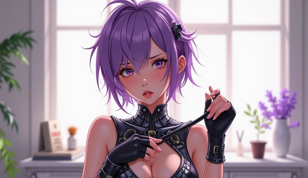 Best Quality,High resolution,8k,(plain white background, no patterns, no textures, just a plain white background:1.3),Masterpiece:1.2),beautiful girl,Big Breasts,(Glossy, deep purple hair:1.3),bob cut,Beautiful purple eyes,A girl wearing a black leather jacket with metal studs, ripped jeans, and a band T-shirt, embodying a rebellious punk rock style,Gentle look,A refreshing look,smile,Best quality,Best Quality,Aesthetic and aesthetic:1.2,Best details((Super detailed))(High-definition CG illustrations),Slender body,smile,blush,cute,Scrounge,Looking up,Being spoiled,super model,wariza